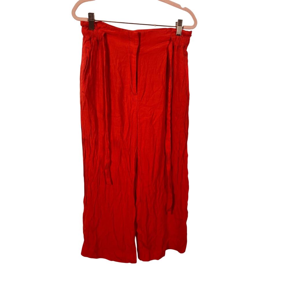 H&M Women Red Cullote Crop Paperbag Pants Pockets Belted Elastic Waist Size 8